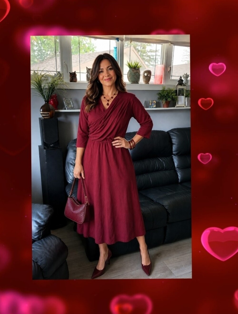 eShakti Custom Wine Draped Asymmetric Jersey Knit Midi Dress WITH POCKETS M/L